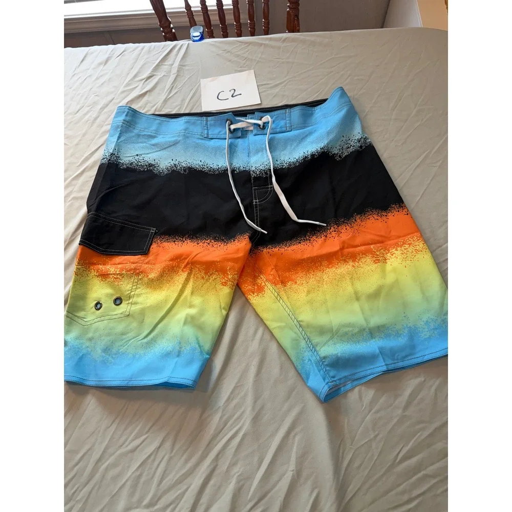 Mens Gradient Spray Paint Board Shorts‎ Blue Orange Yellow Size 36 Swim Trunks